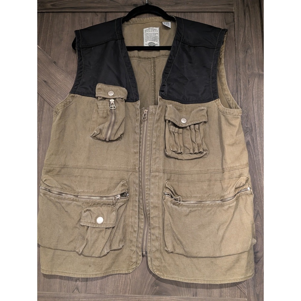 Vintage Bugle Boy Vest Olive Green Full Zip Hunting Fishing Men's LARGE